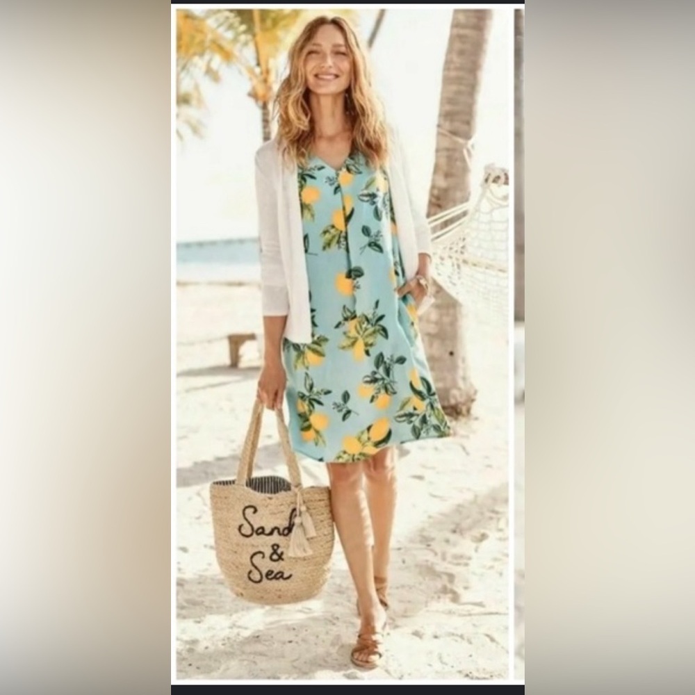 J. Jill Love Linen Lemon Shift Dress Yellow Blue Sleeveless Small e10